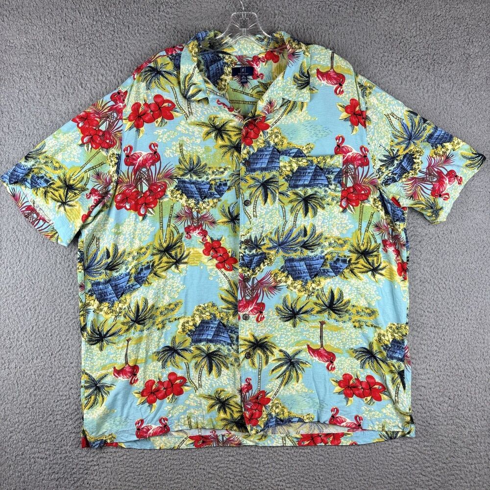 George Shirt Men’s 2XL XXL Blue Yellow Blue Floral Hut Beach Island Print Rayon